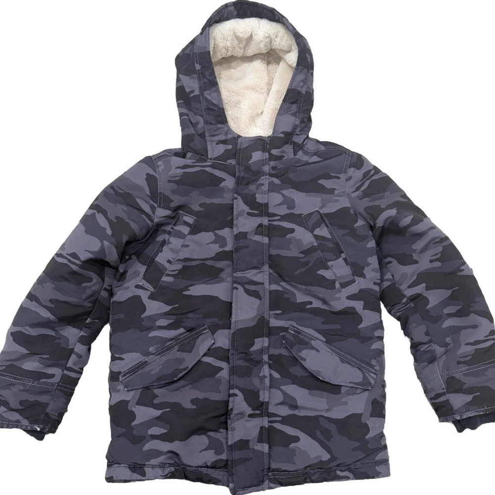 abercrombie kids Black Camouflage Coat with Cream Sherpa Lining